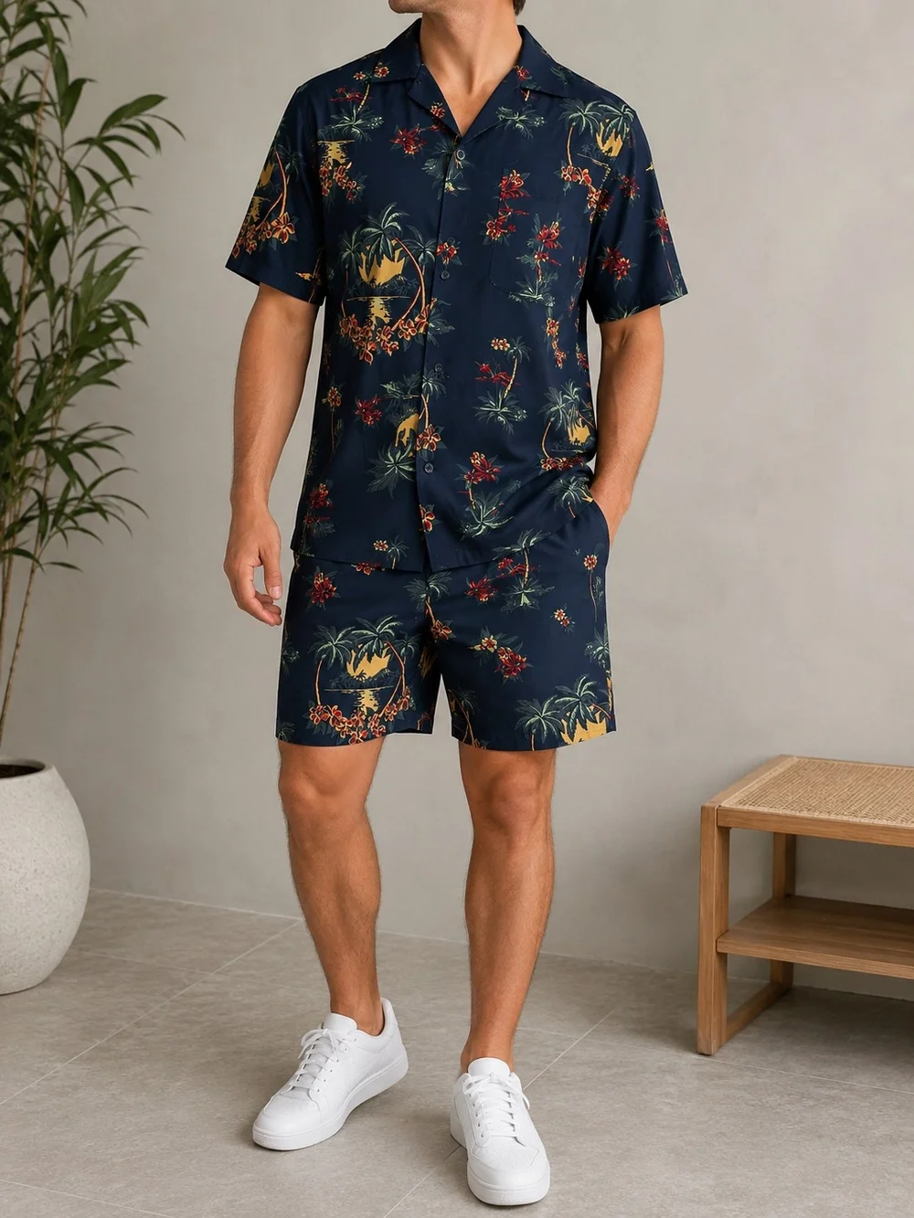 NWT Quiksilver 2-Piece Cabana Set Men’s L Navy Tropical Shirt Shorts